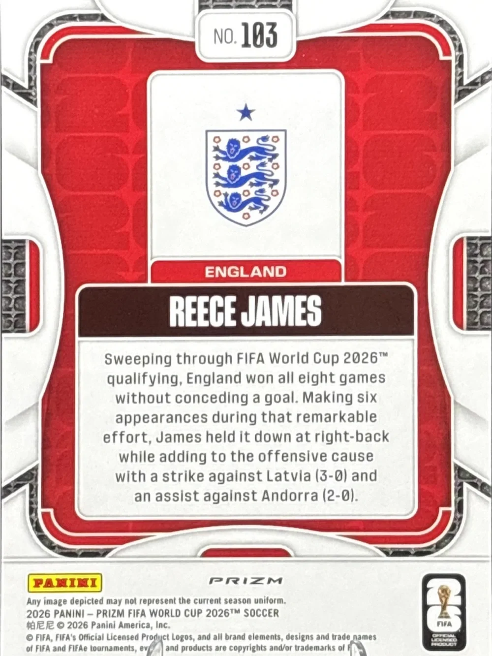 Panini Prizm England Reece James Soccer Card — Silver Prizm